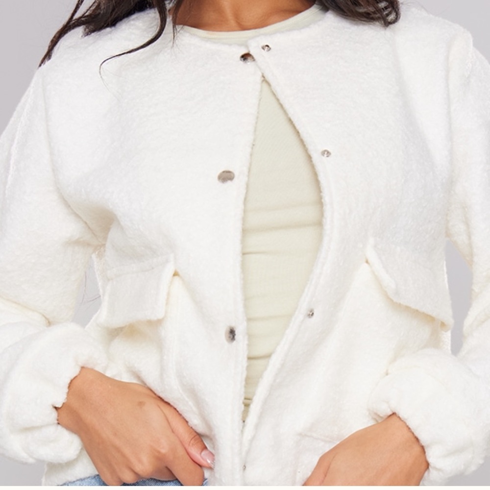 PrettyLittleThing Cream Borg Bomber Jacket
